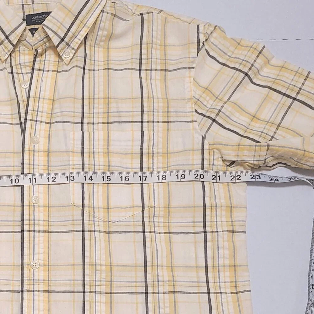 Arrow Classic Fit - Button-Down Shirt Men’s Med Yellow Blue Plaid Short Sleeve - Picture 7 of 8